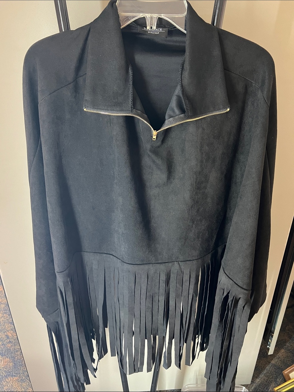 Black Fringe Half-Zip Cape Jacket by Dawlface